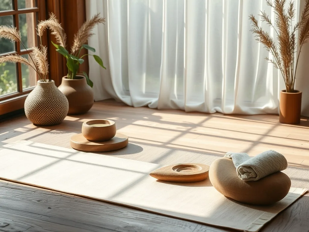 Une femme en tenue de yoga, en torsion assise au sol dans son salon, une brique à portée de main.