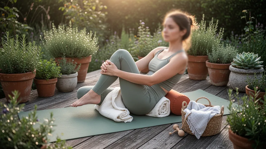 Une femme sur un tapis de yoga, genoux pliés, mains sur les tibias, étirant doucement le bas du dos dans un salon lumineux