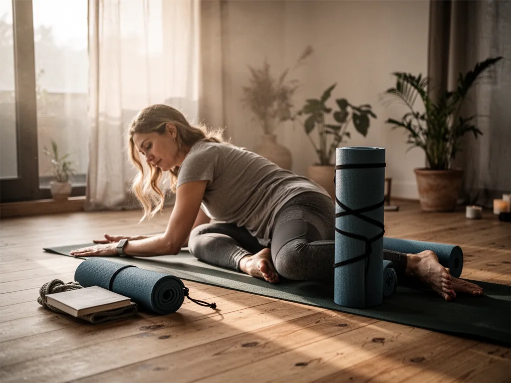 Une femme pratique une posture douce de yoga au sol sur un tapis dans son salon pour relâcher le bas du dos