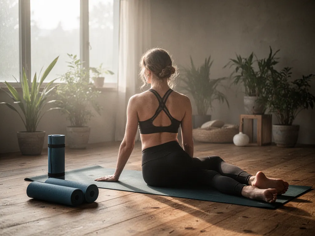 Une femme pratique une posture de yoga douce dans son salon pour relâcher le haut du dos et les épaules