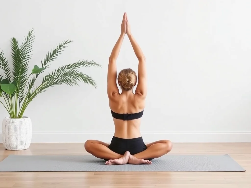 Une femme en tenue confortable pratique le yoga dans son salon, debout sur un tapis, elle initie la posture de l’arbre avec les mains jointes