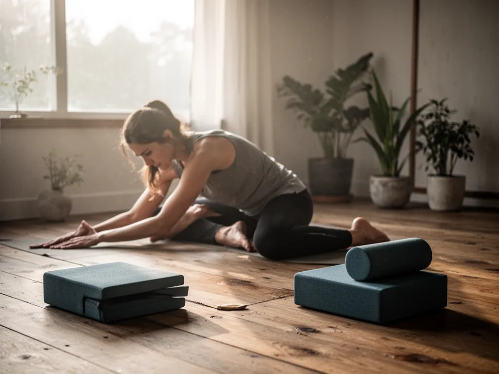 Une femme pratique une posture douce de yoga sur un tapis dans un salon lumineux, genoux pliés et dos allongé