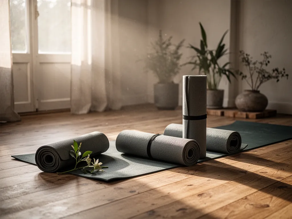 Une femme en tenue de yoga assise sur un tapis, une main posée sur le bas du dos, le buste légèrement incliné en avant pour un étirement doux