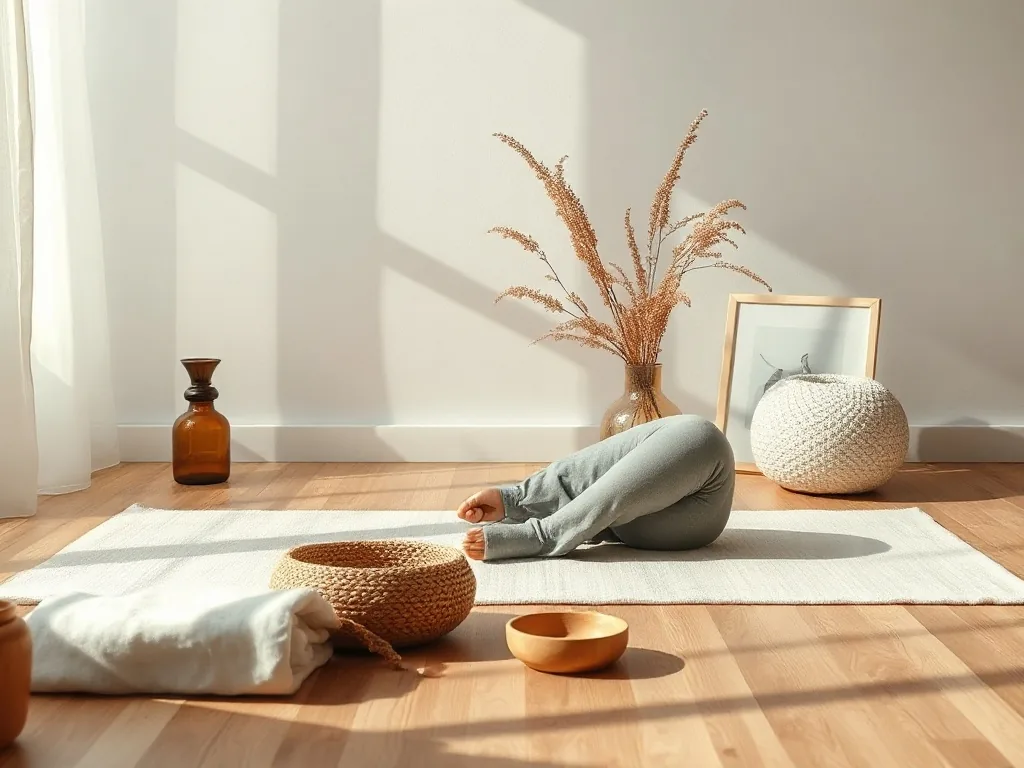 Une femme assise en tailleur sur un tapis de yoga, une main posée sur le bas du dos, l'autre sur le ventre, les yeux fermés dans une pièce lumineuse.