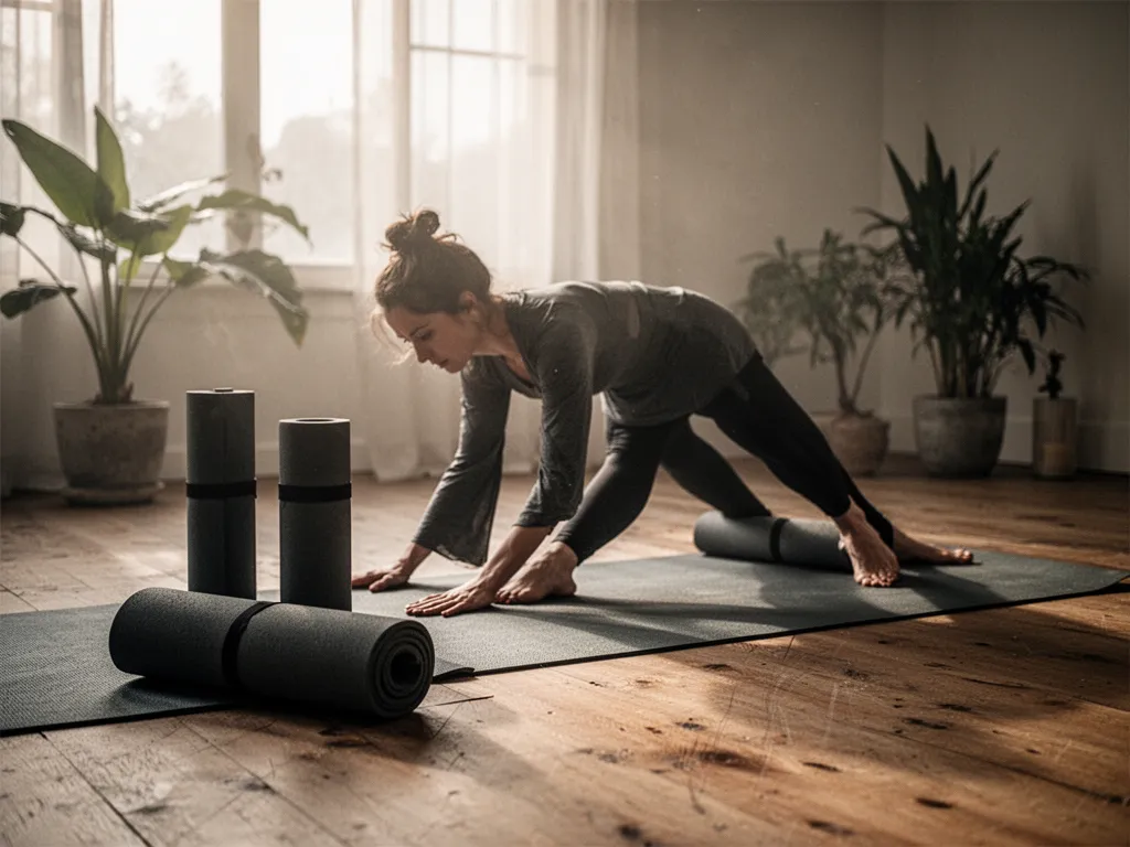 Une femme débutante pratique une posture d'ouverture des hanches sur un tapis dans un salon, avec une brique de yoga à portée de main