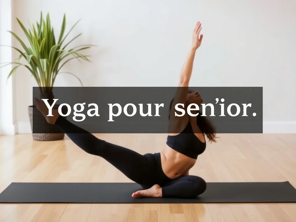 Une femme aux cheveux gris tient la posture de l’arbre dans un salon lumineux, une chaise en bois placée à côté du tapis pour l’équilibre