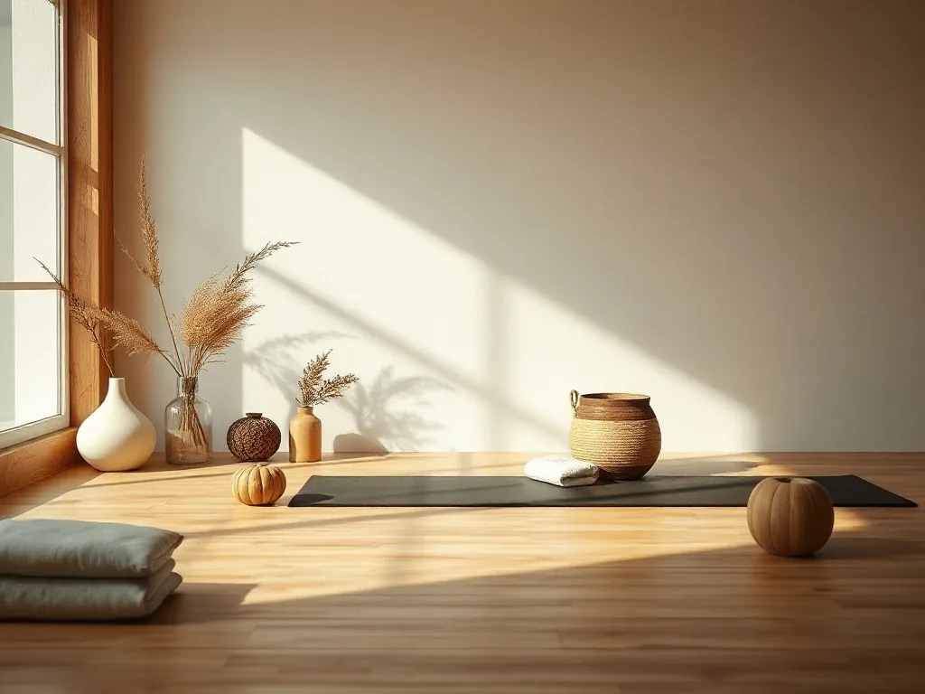 Une femme enceinte assise en tailleur sur un tapis de yoga, les yeux fermés, une main sur le ventre et l'autre sur le sol.