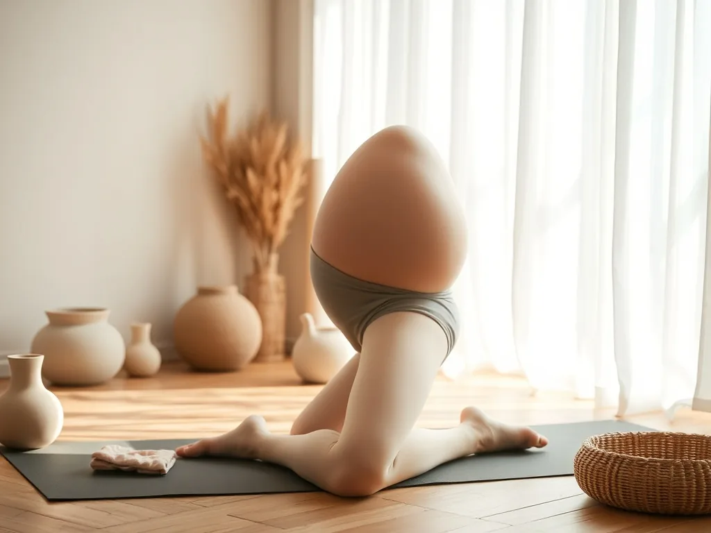 Une femme enceinte en tenue de yoga, assise en tailleur sur un tapis dans une salle claire à Levallois-Perret, les mains posées sur le ventre, souriante.
