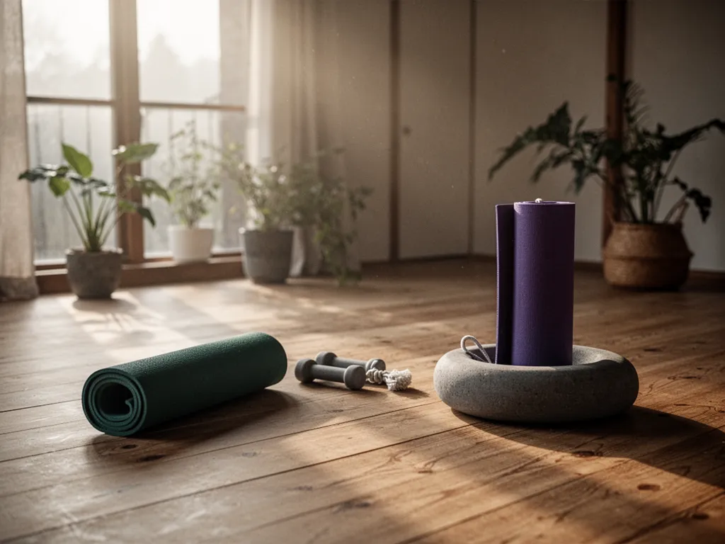 Une femme senior en tenue confortable pratique une posture de yoga debout, une main posée sur le dossier d'une chaise en bois clair, dans un salon lumineux.