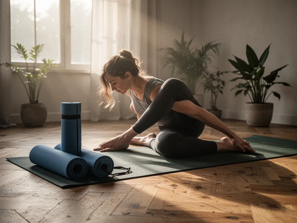 Une femme débutante pratique une posture de yoga douce sur un tapis dans son salon, avec des briques à côté