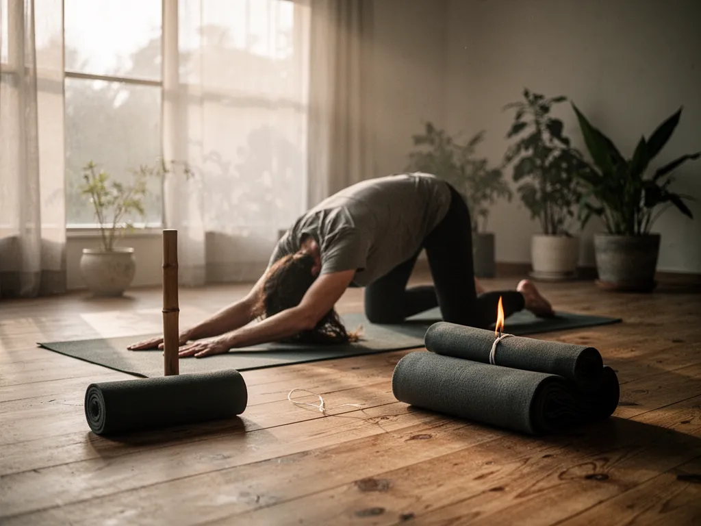 Une femme pratique une posture de yoga au sol sur un tapis, le dos allongé et les bras étirés vers l’avant
