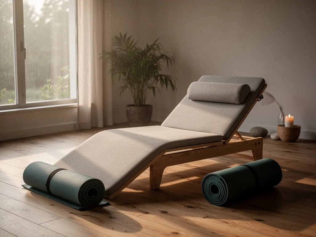 Une femme assise sur une chaise dans un salon lumineux, les mains posées sur les genoux, le dos droit dans une posture de yoga sur chaise.